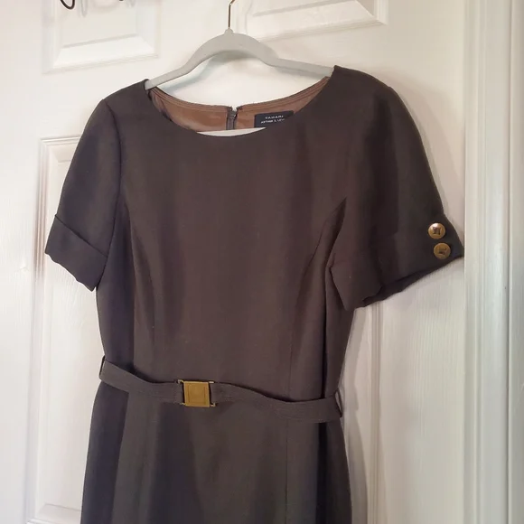 Tahari Arthur S Levine Olive Green Midi Dress Belted Short Sleeves Career Office - Picture 2 of 13
